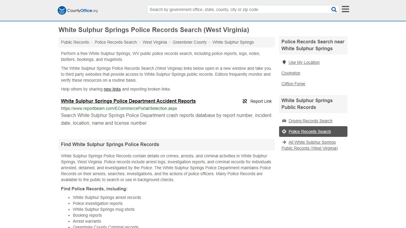 White Sulphur Springs Police Records Search (West Virginia) - County Office